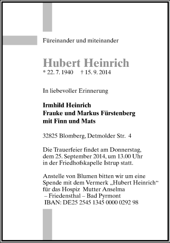 Anzeige  Hubert Heinrich  Lippische Landes-Zeitung