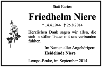 Anzeige  Friedhelm Niere  Lippische Landes-Zeitung