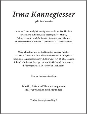 Anzeige  Irma Kannegiesser  Lippische Landes-Zeitung
