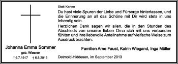 Anzeige  Johanna Emma Sommer  Lippische Landes-Zeitung