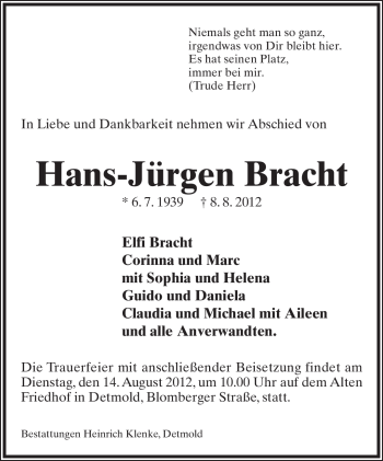 Anzeige  Hans-Jürgen Bracht  Lippische Landes-Zeitung