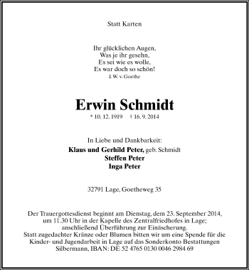 Anzeige  Erwin Schmidt  Lippische Landes-Zeitung