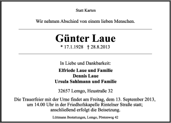 Anzeige  Günter Laue  Lippische Landes-Zeitung