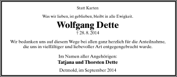 Anzeige  Wolfgang Dette  Lippische Landes-Zeitung
