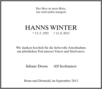 Anzeige  Hanns Winter  Lippische Landes-Zeitung