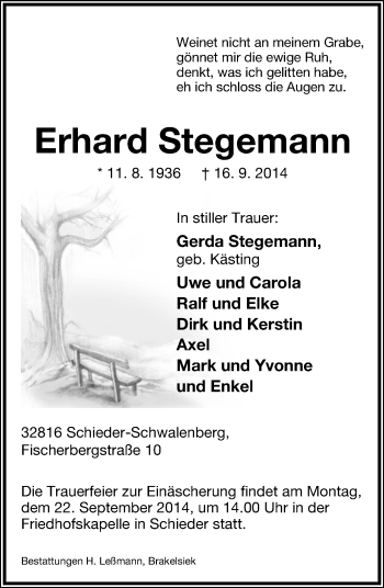 Anzeige  Erhard Stegemann  Lippische Landes-Zeitung