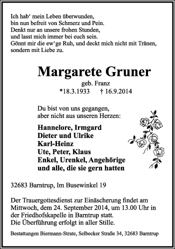 Anzeige  Margarete Gruner  Lippische Landes-Zeitung