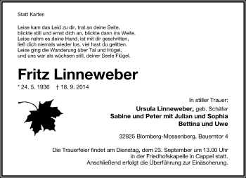 Anzeige  Fritz Linneweber  Lippische Landes-Zeitung