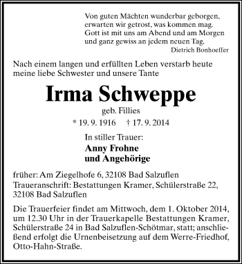Anzeige  Irma Schweppe  Lippische Landes-Zeitung