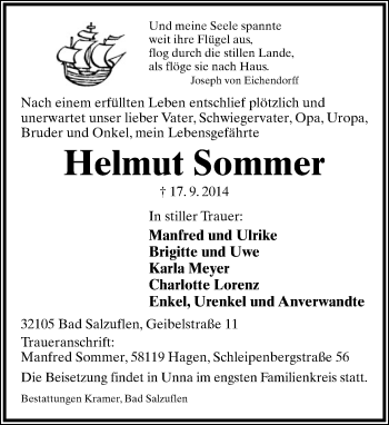 Anzeige  Helmut Sommer  Lippische Landes-Zeitung