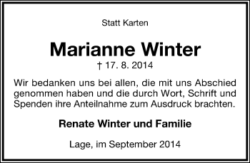 Anzeige  Marianne Winter  Lippische Landes-Zeitung