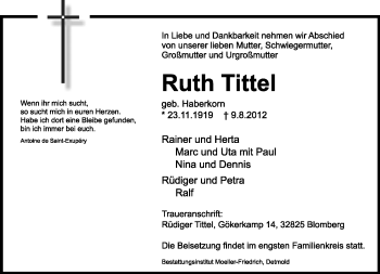 Anzeige  Ruth Tittel  Lippische Landes-Zeitung