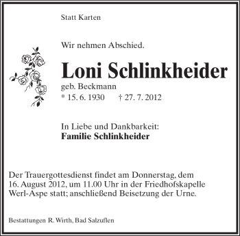Anzeige  Loni Schlinkheider  Lippische Landes-Zeitung