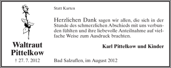 Anzeige  Waltraut Pittelkow  Lippische Landes-Zeitung