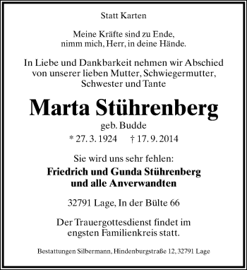 Anzeige  Marta Stührenberg  Lippische Landes-Zeitung
