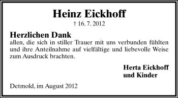 Anzeige  Heinz Eickhoff  Lippische Landes-Zeitung