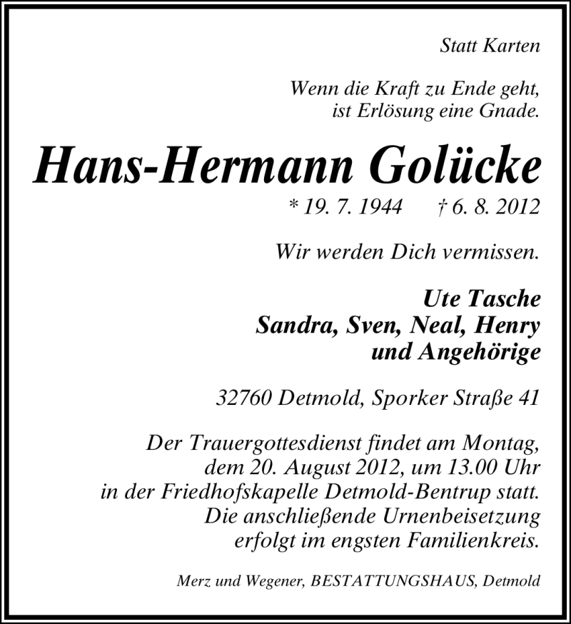  Traueranzeige für Hans-Hermann Golücke vom 11.08.2012 aus Lippische Landes-Zeitung