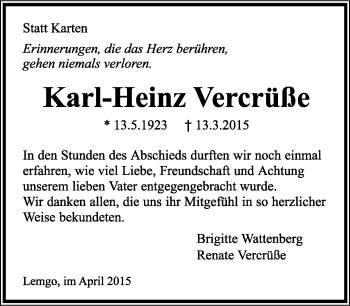 Anzeige  Karl-Heinz Vercrüße  Lippische Landes-Zeitung