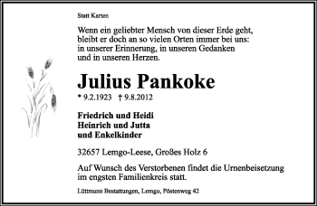 Anzeige  Julius Pankoke  Lippische Landes-Zeitung