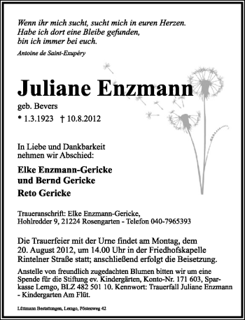 Anzeige  Juliane Enzmann  Lippische Landes-Zeitung