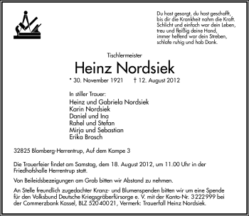 Anzeige  Heinz Nordsiek  Lippische Landes-Zeitung