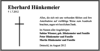 Anzeige  Eberhard Hünkemeier  Lippische Landes-Zeitung