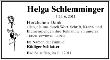 Anzeige  Helga Schlemminger  Lippische Landes-Zeitung