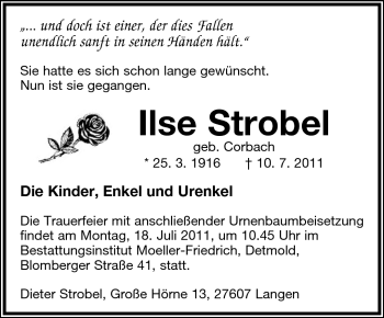 Anzeige  Ilse Strobel  Lippische Landes-Zeitung