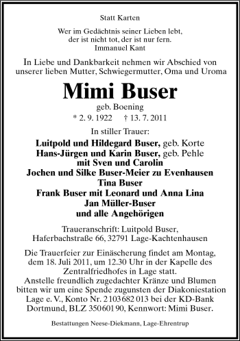 Anzeige  Mimi Buser  Lippische Landes-Zeitung