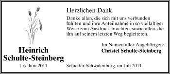 Anzeige  Heinrich Schulte-Steinberg  Lippische Landes-Zeitung