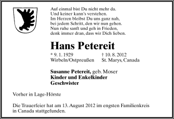 Anzeige  Hans Petereit  Lippische Landes-Zeitung