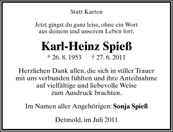 Anzeige  Karl-Heinz Spieß  Lippische Landes-Zeitung