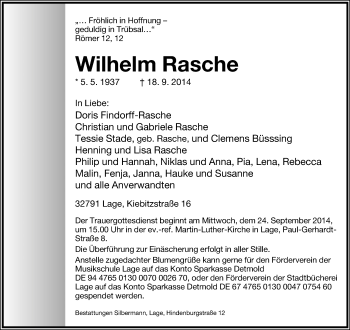 Anzeige  Wilhelm Rasche  Lippische Landes-Zeitung