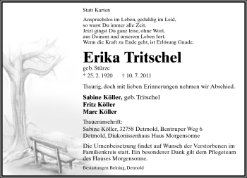 Anzeige  Erika Tritschel  Lippische Landes-Zeitung