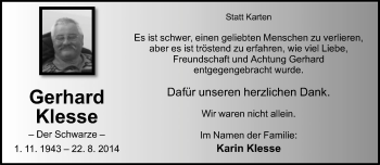 Anzeige  Gerhard Klesse  Lippische Landes-Zeitung