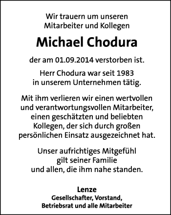 Anzeige  Michael Chodura  Lippische Landes-Zeitung