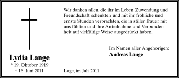 Anzeige  Lydia Lange  Lippische Landes-Zeitung