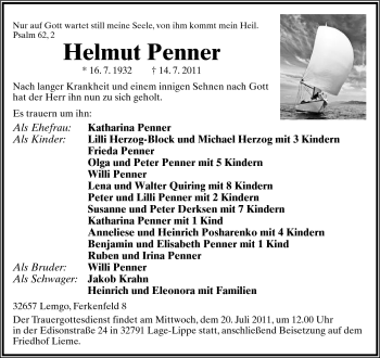 Anzeige  Helmut Penner  Lippische Landes-Zeitung
