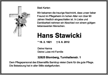 Anzeige  Hans Stawicki  Lippische Landes-Zeitung