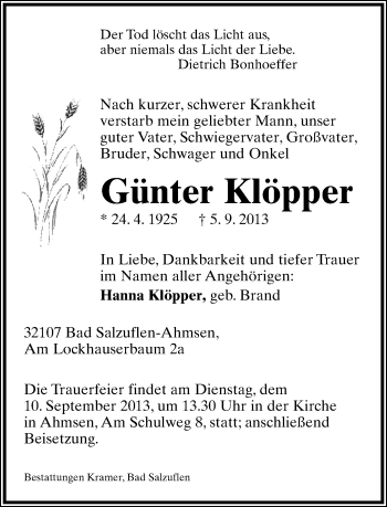 Anzeige  Günter Klöpper  Lippische Landes-Zeitung