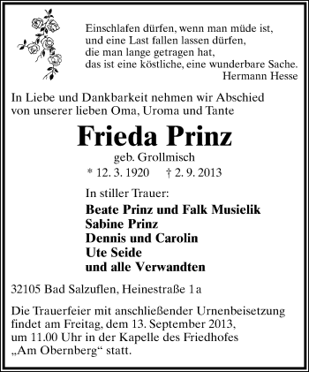 Anzeige  Frieda Prinz  Lippische Landes-Zeitung