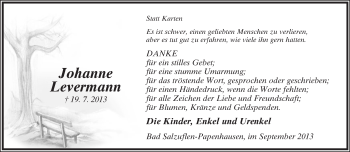 Anzeige  Johanne Levermann  Lippische Landes-Zeitung
