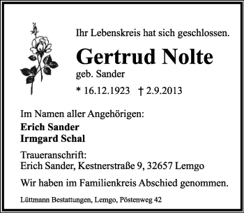 Anzeige  Gertrud Nolte  Lippische Landes-Zeitung