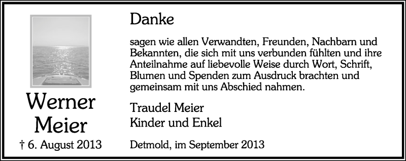  Traueranzeige für Werner Meier vom 07.09.2013 aus Lippische Landes-Zeitung