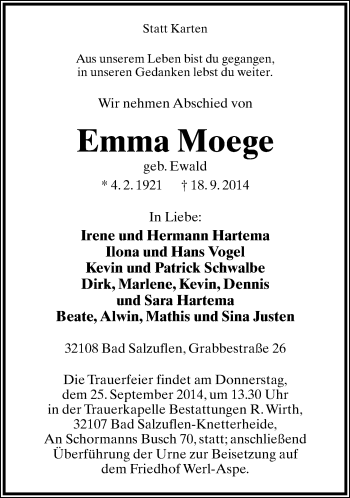 Anzeige  Emma Moege  Lippische Landes-Zeitung