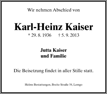 Anzeige  Karl-Heinz Kaiser  Lippische Landes-Zeitung