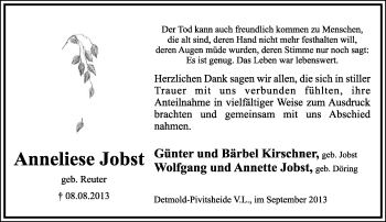Anzeige  Anneliese Jobst  Lippische Landes-Zeitung