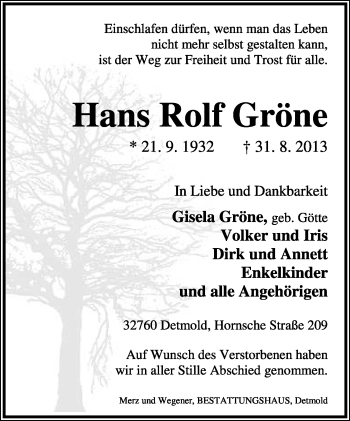 Anzeige  Hans Rolf Gröne  Lippische Landes-Zeitung