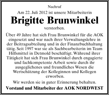 Anzeige  Brigitte Brunwinkel  Lippische Landes-Zeitung