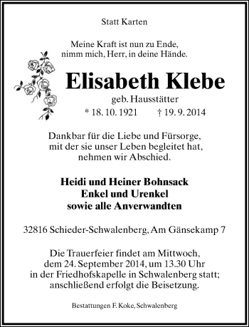 Anzeige  Elisabeth Klebe  Lippische Landes-Zeitung